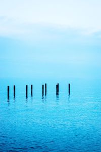 Wooden posts in sea against sky