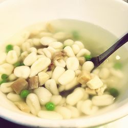 Close-up of corn soup served in bowl