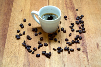 High angle view of coffee cup on table