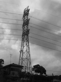 Low angle view of power lines against cloudy sky