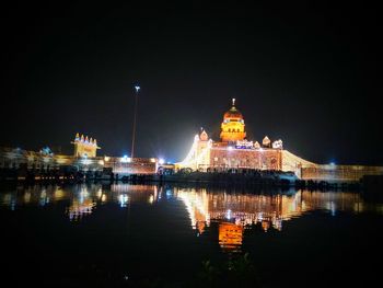 Reflection of illuminated buildings in water at night