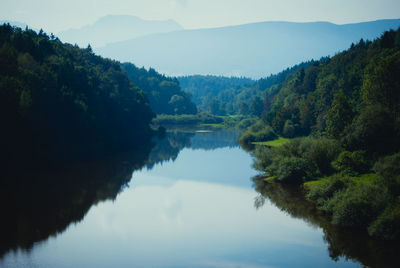 Scenic view of lake and mountains against sky