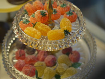 High angle view of fruits in bowl on table