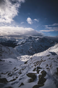 Scenic view of snowcapped mountains against sky