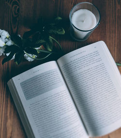 High angle view of open book on table