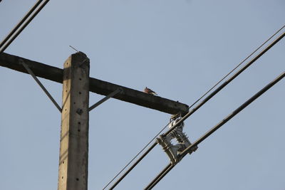 Low angle view of telephone pole against clear sky