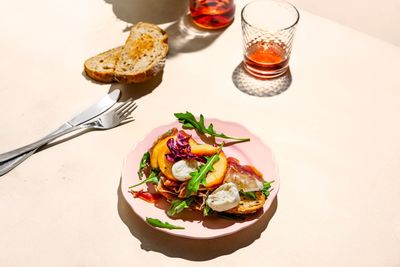 High angle view of food served on table