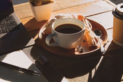 High angle view of coffee on table