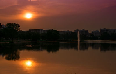 Reflection of buildings in river during sunset