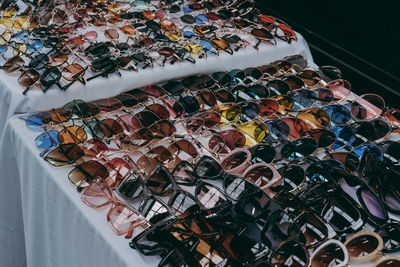 High angle view of multi colored umbrellas on table