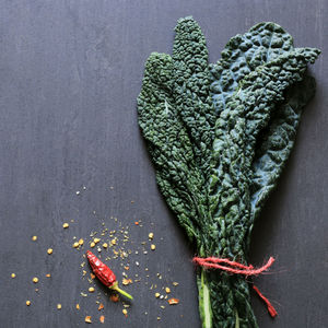 High angle view of chili peppers on table