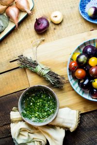 High angle view of fruits and vegetables on cutting board