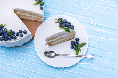 High angle view of cake in plate on table