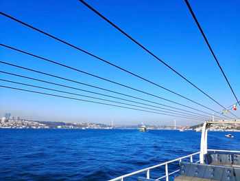 Sailboat sailing on sea against blue sky