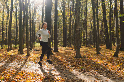 Girl doing fitness in nature on a sunny autumn forest