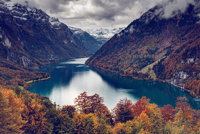 Scenic view of lake against sky during autumn