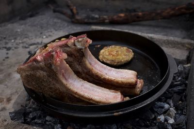 High angle view of meat in cooking pan