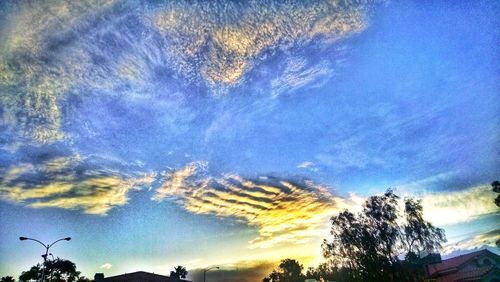 Low angle view of trees against dramatic sky