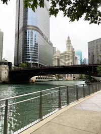 Bridge over river with buildings in background