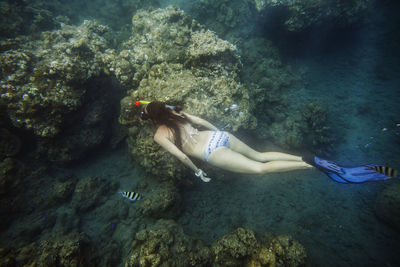 High angle view of woman snorkeling in sea