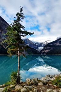 Scenic view of lake and mountains against sky,  from the patio area of lake louise, alberta , canada