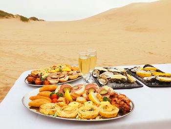 High angle view of food served on table at desert