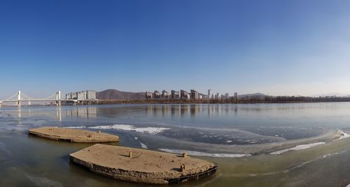 Panoramic view of sea against clear blue sky
