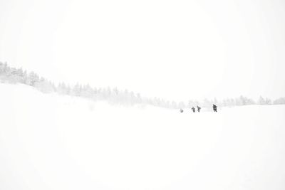 People on snow covered land against sky