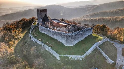 High angle view of dam against mountains