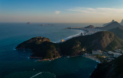 Amazing view of the coast of rio de janeiro in brazil seen from the sugar loaf mountain at sunset