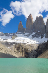 Scenic view of snowcapped mountains by sea against sky