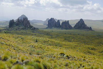 Rock formations against sky at the ol doinyo lesatima dragons teeth in the aberdares, kenya