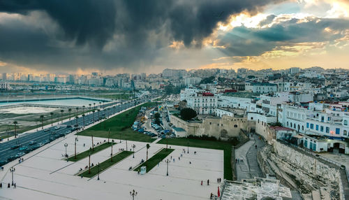 High angle view of townscape against sky during sunset