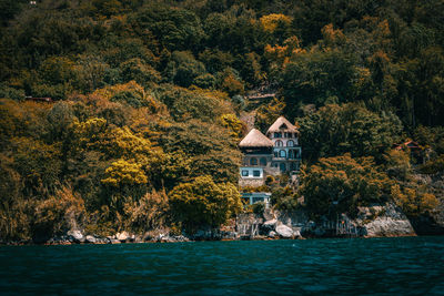 Buildings on the hillside in forest next to lake atitlan in guatemala