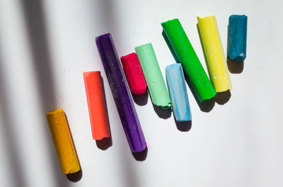 High angle view of colored pencils on table