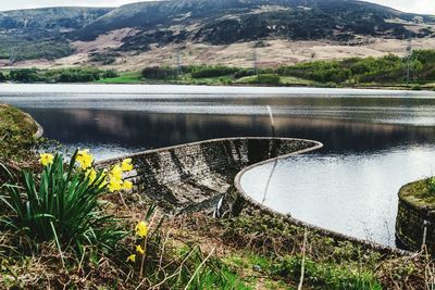 High angle view of dam on lake