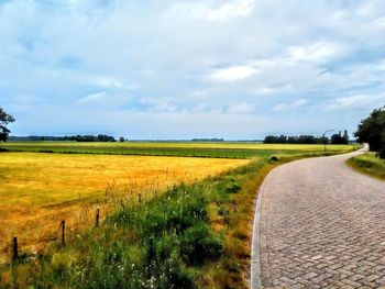 Road passing through agricultural field against sky