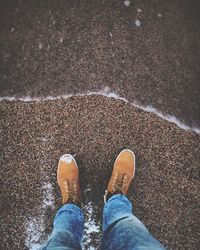 Low section of man standing on shore at beach