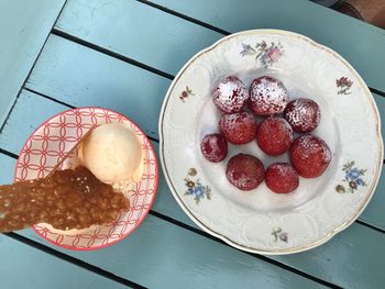 High angle view of dessert in plate on table