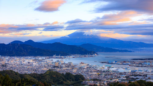 Cityscape and transport port of shimizu bay with top of mount fuji view background 