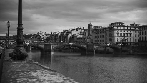 Bridge over river with buildings in background