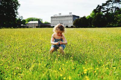 Girl picking flowers while standing on field against sky during sunny day