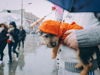 Midsection of woman holding dog during rainy season