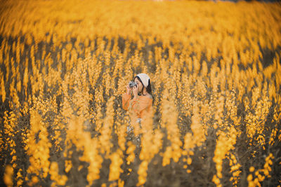 Close-up of yellow flowering plants on field