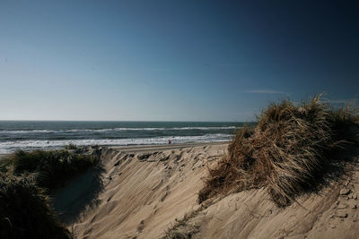 Scenic view of beach against clear blue sky