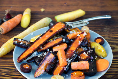 High angle view of vegetables on table