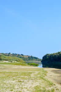 Scenic view of field against clear blue sky