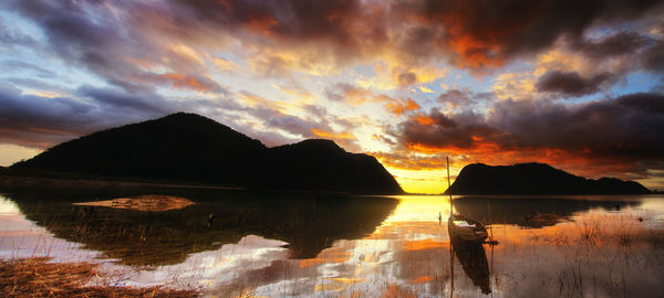 Scenic view of lake against sky during sunset