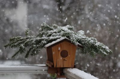 Birdhouse at balcony during snowfall