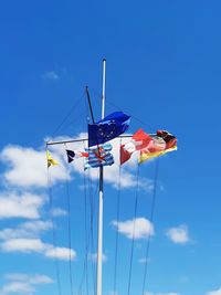 Low angle view of ship against blue sky